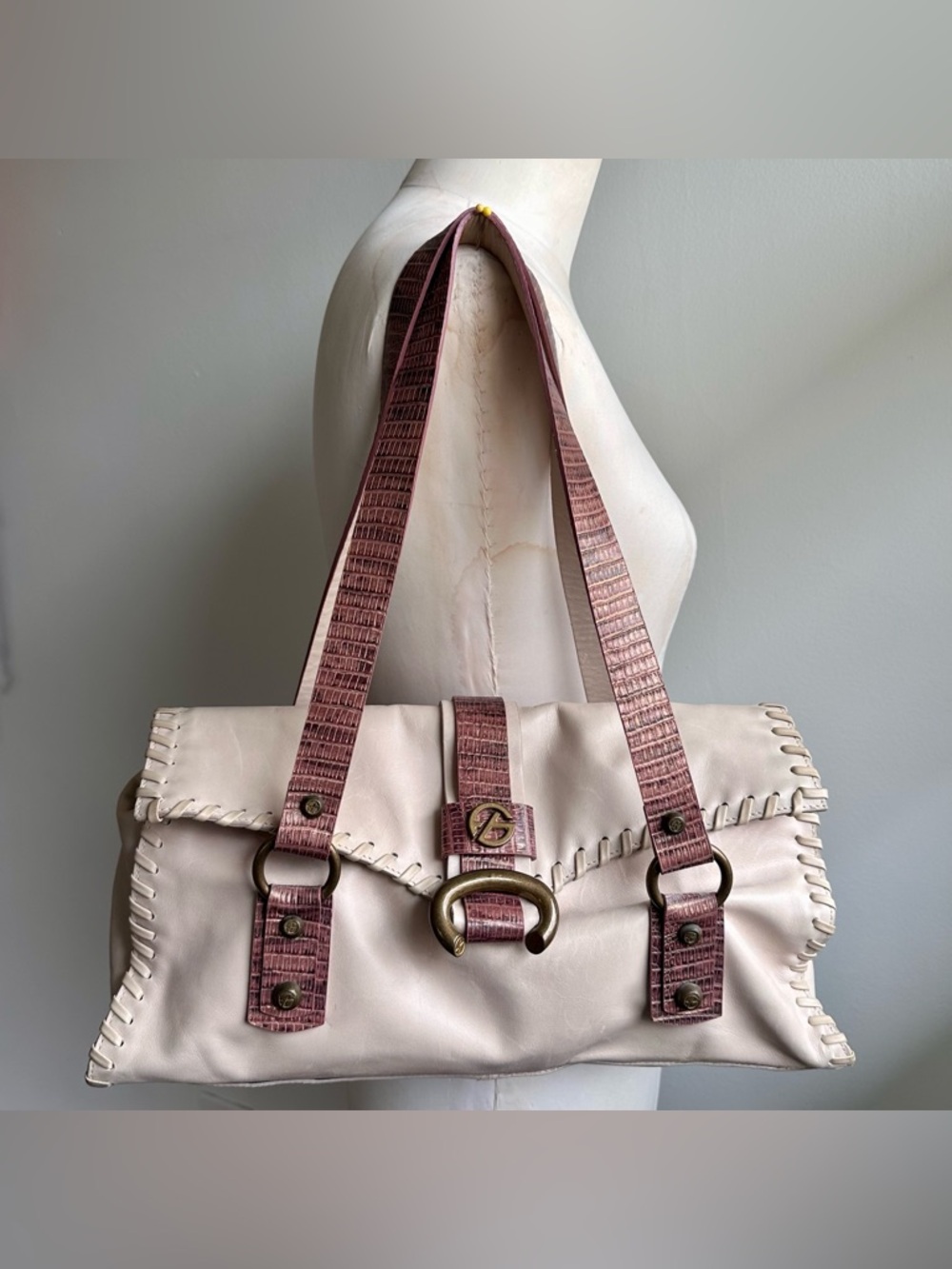 Francesco Biasia Y2K Cream Leather Satchel East West Shoulder Bag Brass Hardware